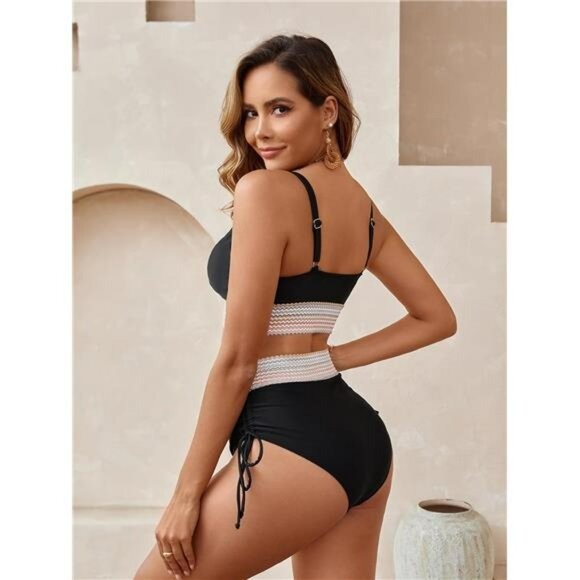 Colorful Striped Bikini Set High Waisted Ruched Tie Side Two Piece Swimwear - Picture 2 of 7